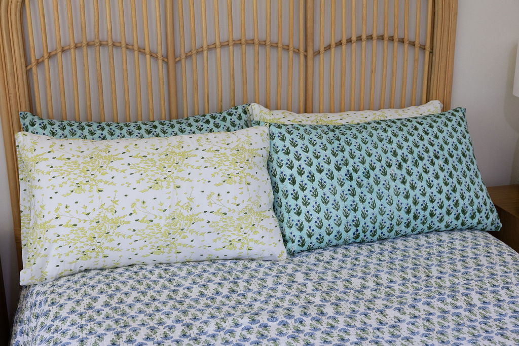 Home Living, Pillow Slips, 48cmx78cm, 100% cotton, hand block print. In soft green tones on white - Ivy