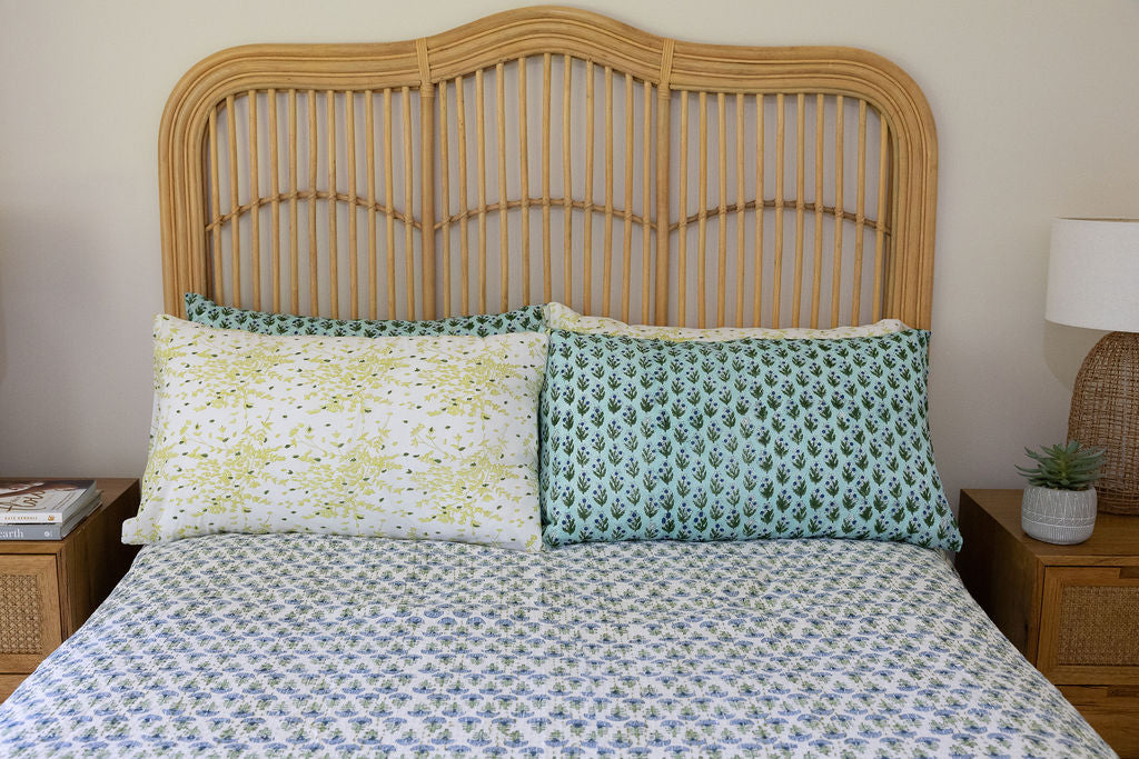 Kantha Bed Cover, 100% cotton, hand block print, hand-stitched. Double fabric. In a blue green floral print - Blue Haze.