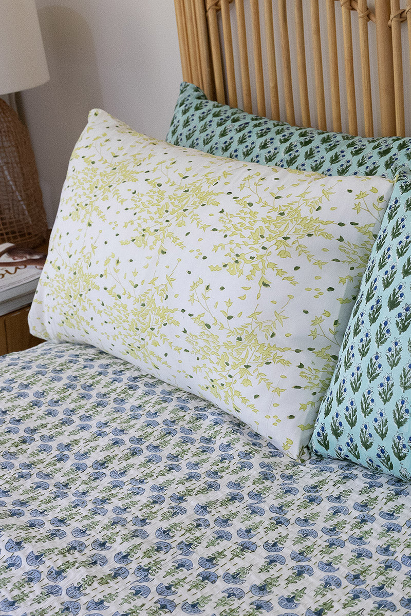 Home Living, Pillow Slips, 48cmx78cm, 100% cotton, hand block print. In soft green tones on white - Ivy