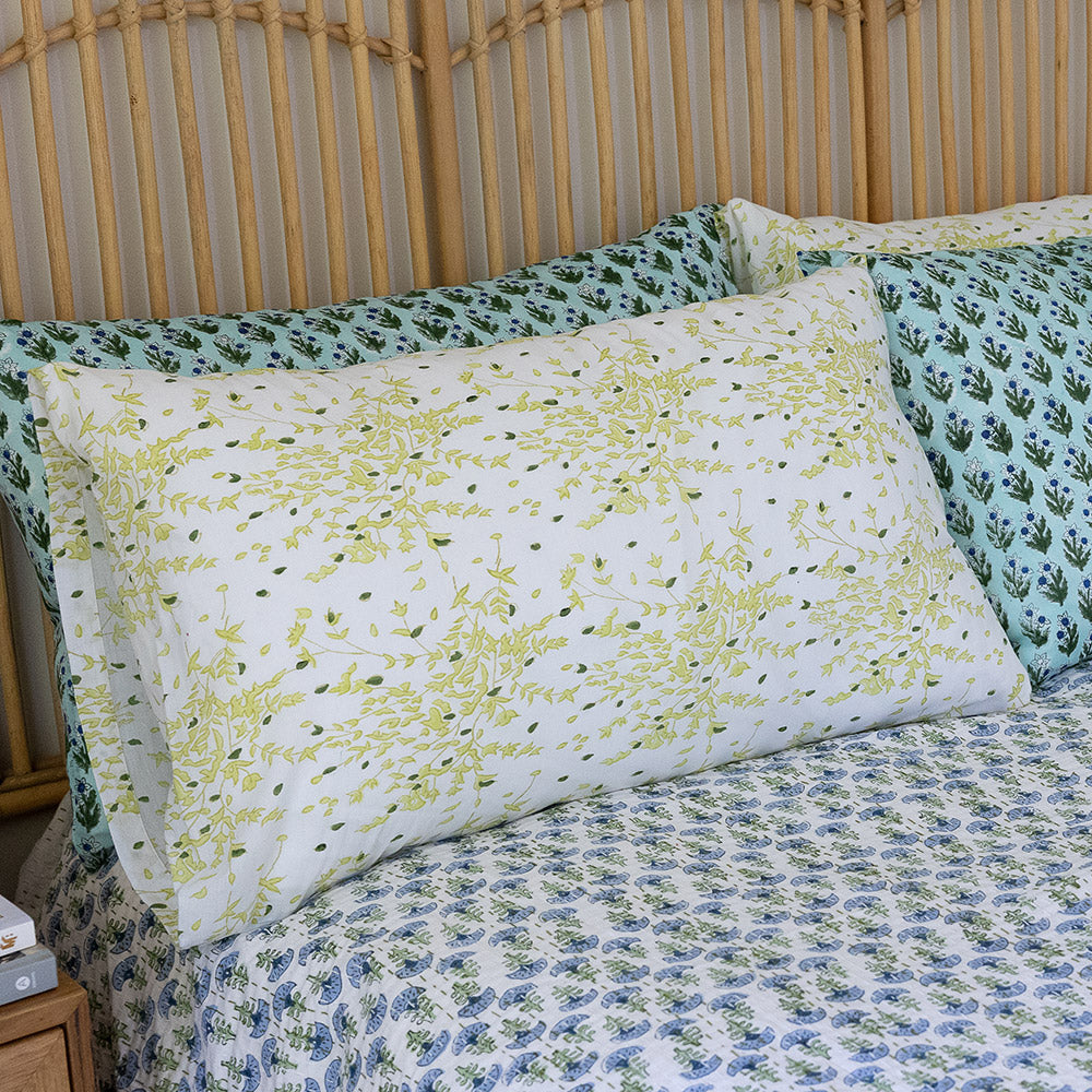 Home Living, Pillow Slips, 48cmx78cm, 100% cotton, hand block print. In soft green tones on white - Ivy