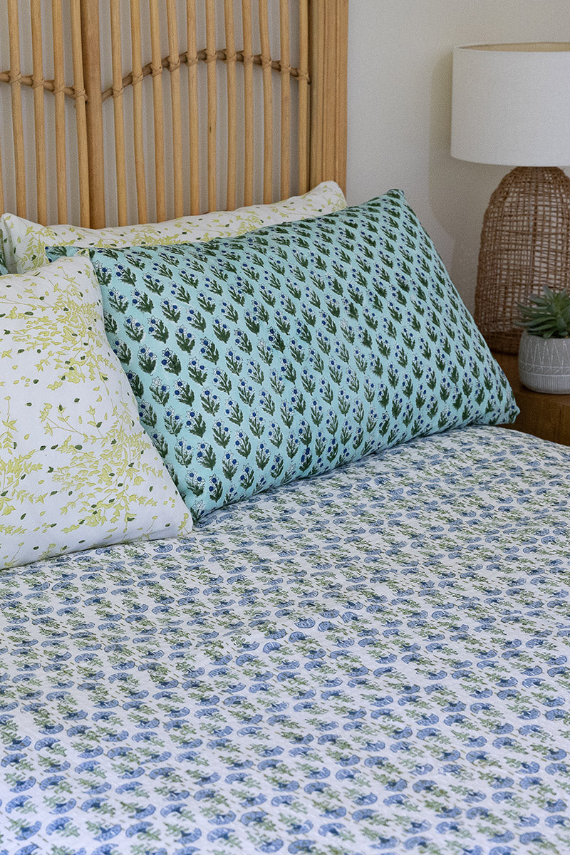 Kantha Bed Cover, 100% cotton, hand block print, hand-stitched. Double fabric. In a blue green floral print - Blue Haze.