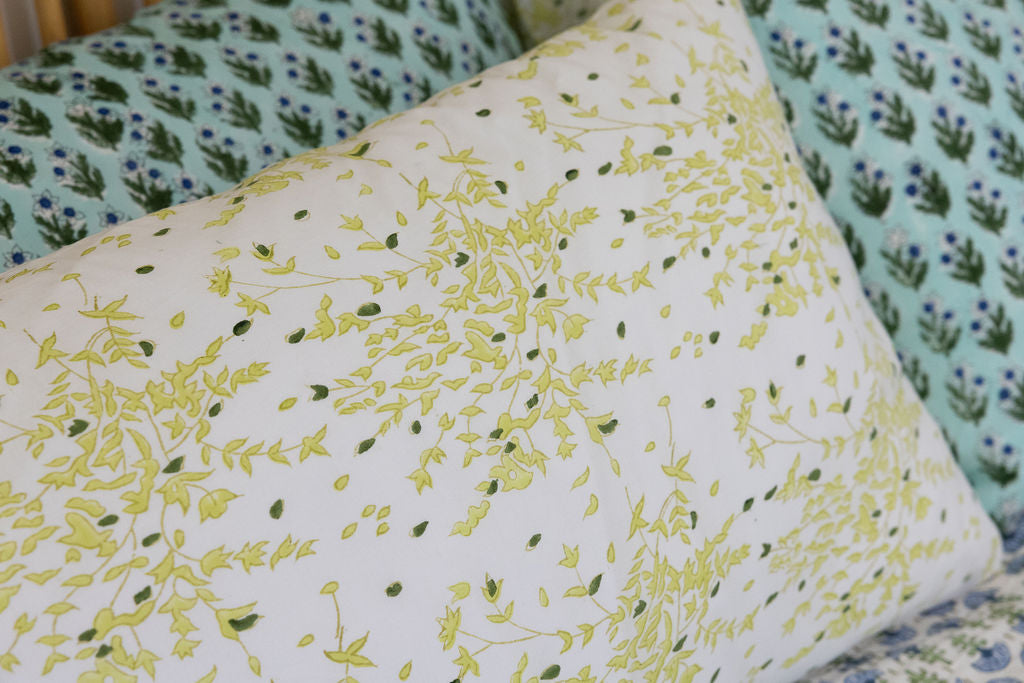 Home Living, Pillow Slips, 48cmx78cm, 100% cotton, hand block print. In soft green tones on white - Ivy