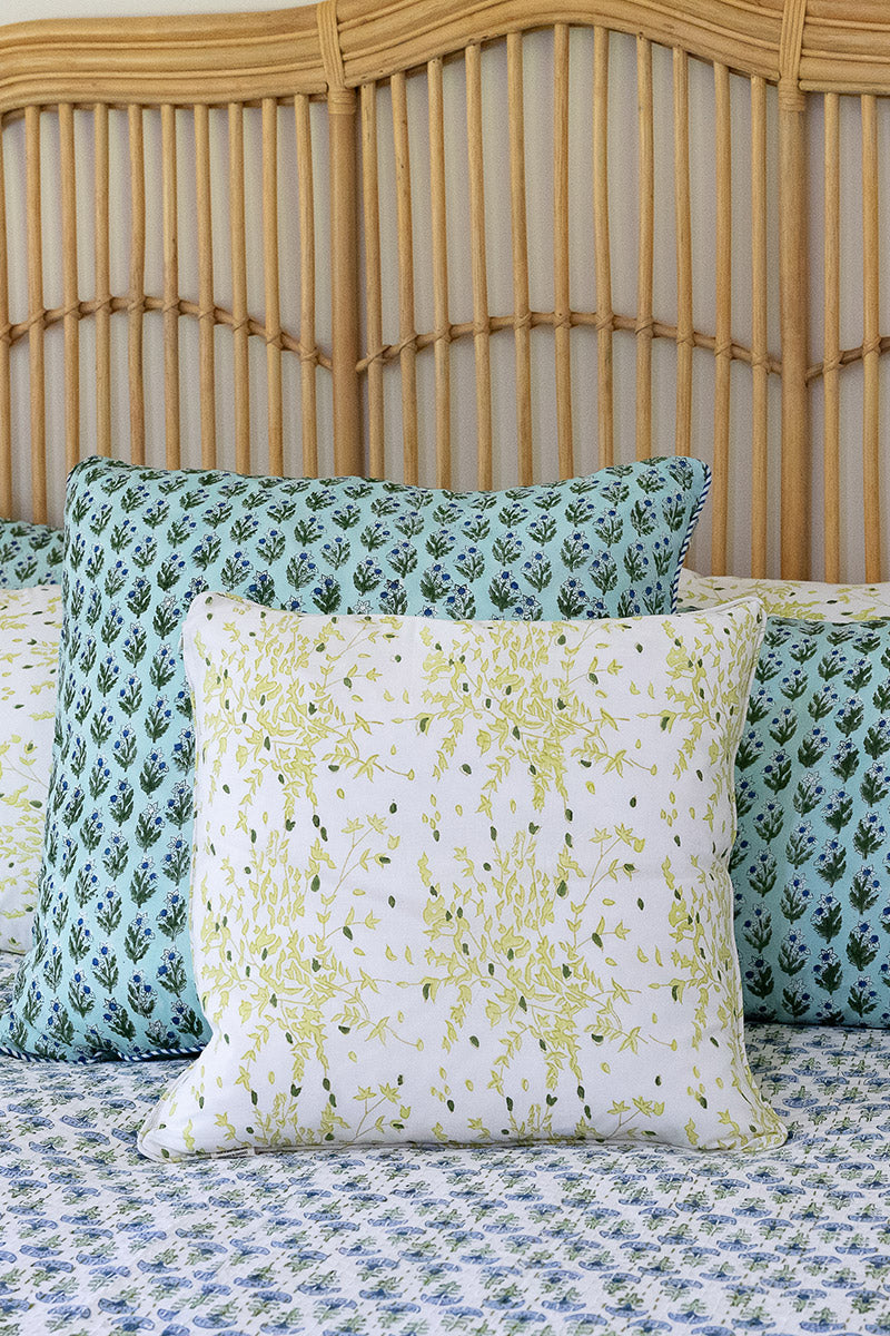 Home Living, Cushion Covers, 50x50cm & 65x65cm, 100% cotton, hand block print. In soft green tones on white - Ivy