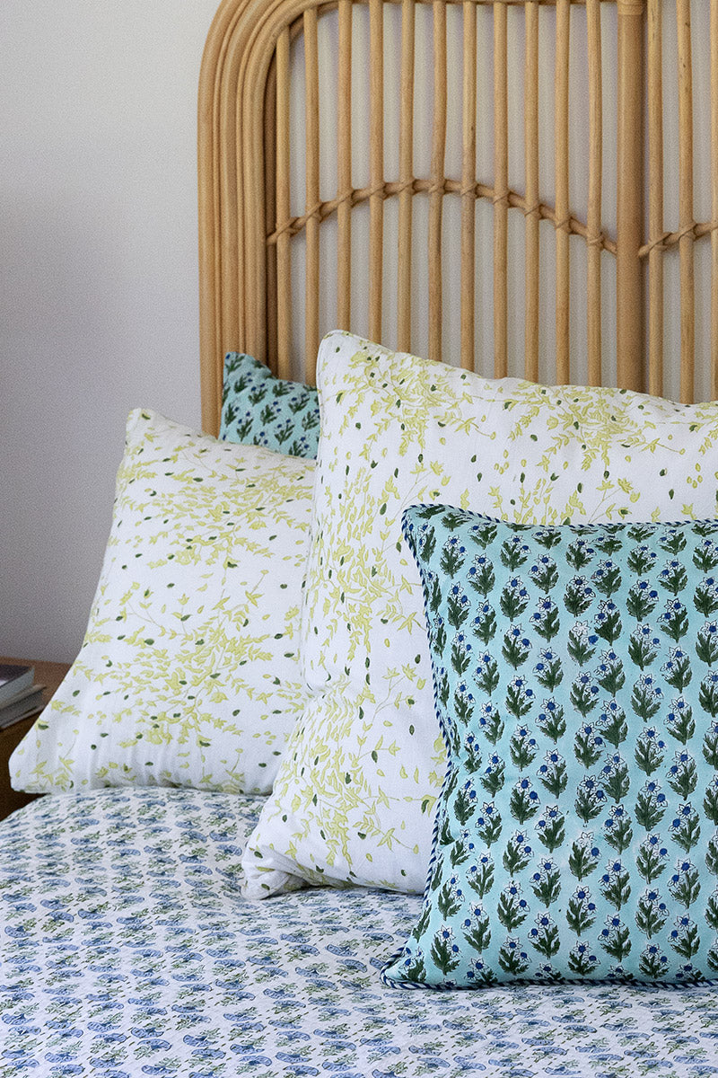 Home Living, Pillow Slips, 48cmx78cm, 100% cotton, hand block print. In soft green tones on white - Ivy