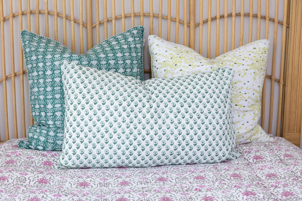 Home Living, Pillow Slips, 48cmx78cm, 100% cotton, hand block print. In soft green on white - Sage