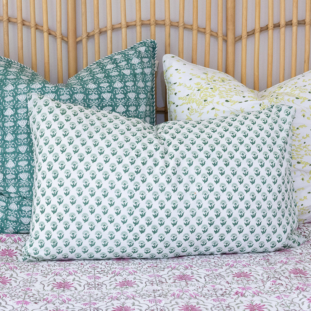 Home Living, Pillow Slips, 48cmx78cm, 100% cotton, hand block print. In soft green on white - Sage