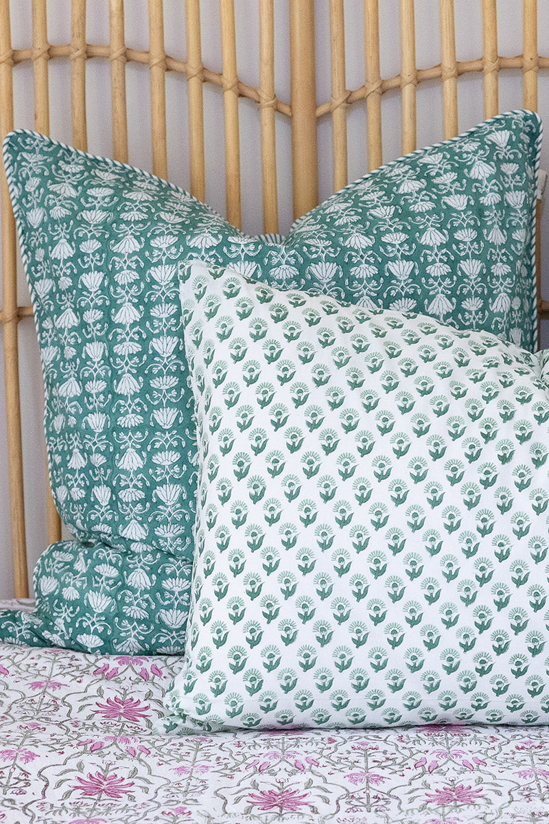 Home Living, Cushion Covers, 50x50cm & 65x65cm, 100% cotton, hand block print. In a Green Lotus print - Jade