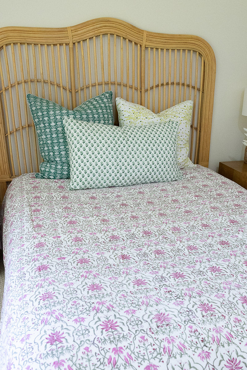 Home Living, Pillow Slips, 48cmx78cm, 100% cotton, hand block print. In soft green on white - Sage