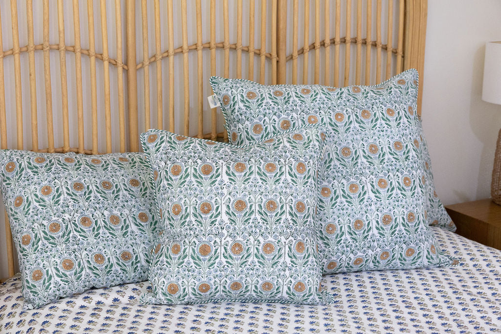 Home Living, Pillow Slips, 48cmx78cm, 100% cotton, hand block print. In soft sun-drenched woodland tones - Amberwood