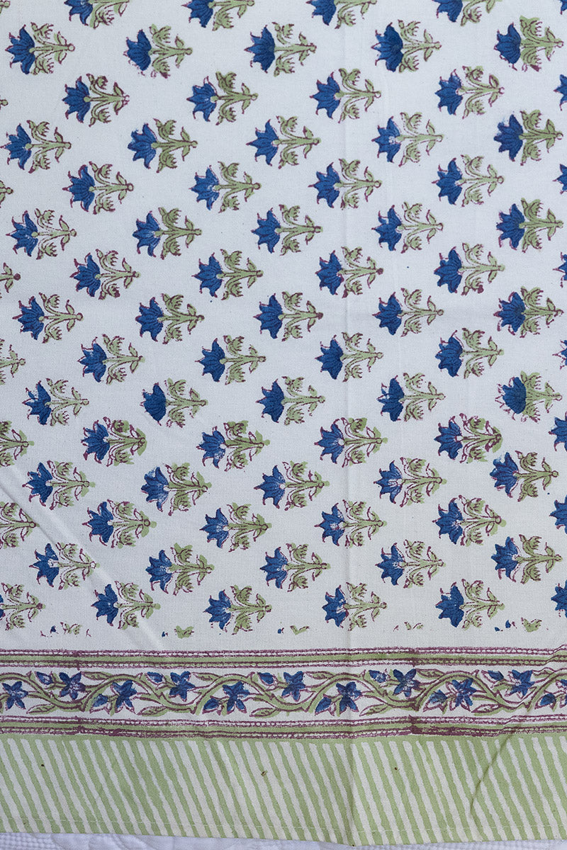 Home Living, Cotton Bed Cover, 100% cotton, hand block print. Small blue flowers, Lapis Charm