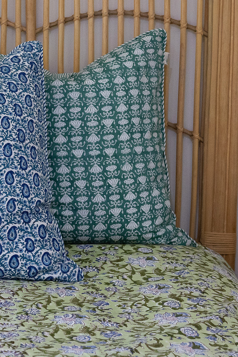 Home Living, Cotton Bed Cover, 100% cotton, hand block print. In green floral - Wild Grove