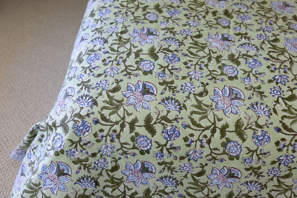 Home Living, Cotton Bed Cover, 100% cotton, hand block print. In green floral - Wild Grove