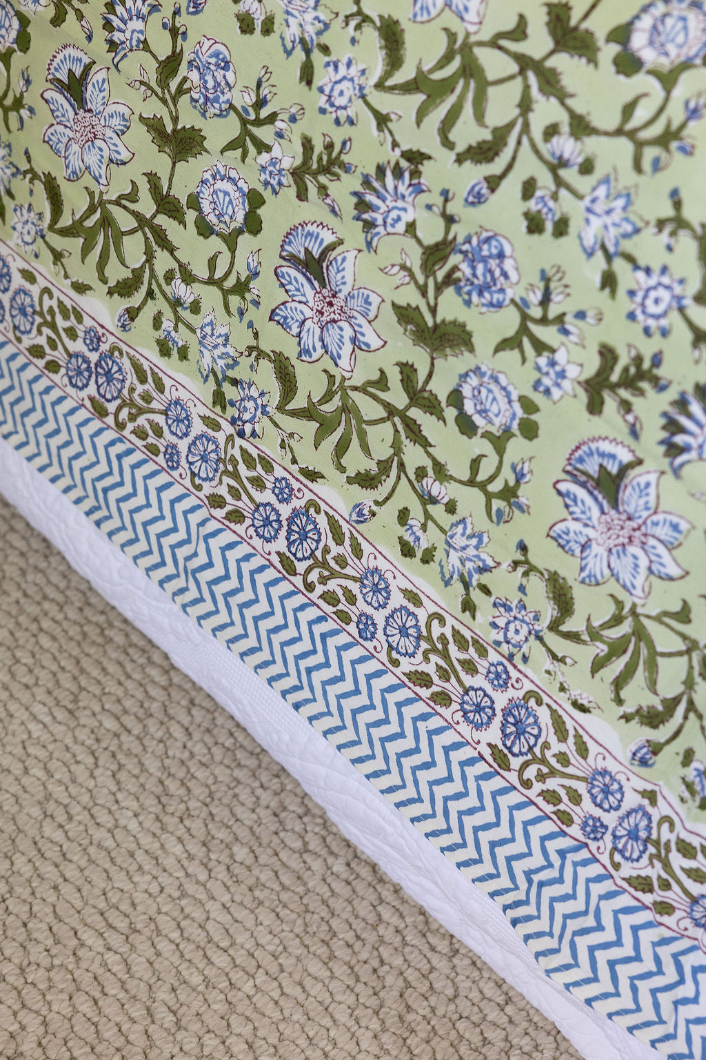 Home Living, Cotton Bed Cover, 100% cotton, hand block print. In green floral - Wild Grove