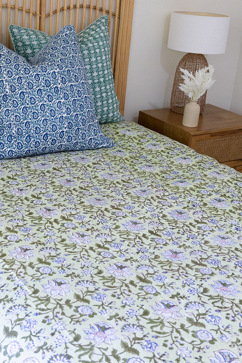 Home Living, Cotton Bed Cover, 100% cotton, hand block print. In green floral - Wild Grove
