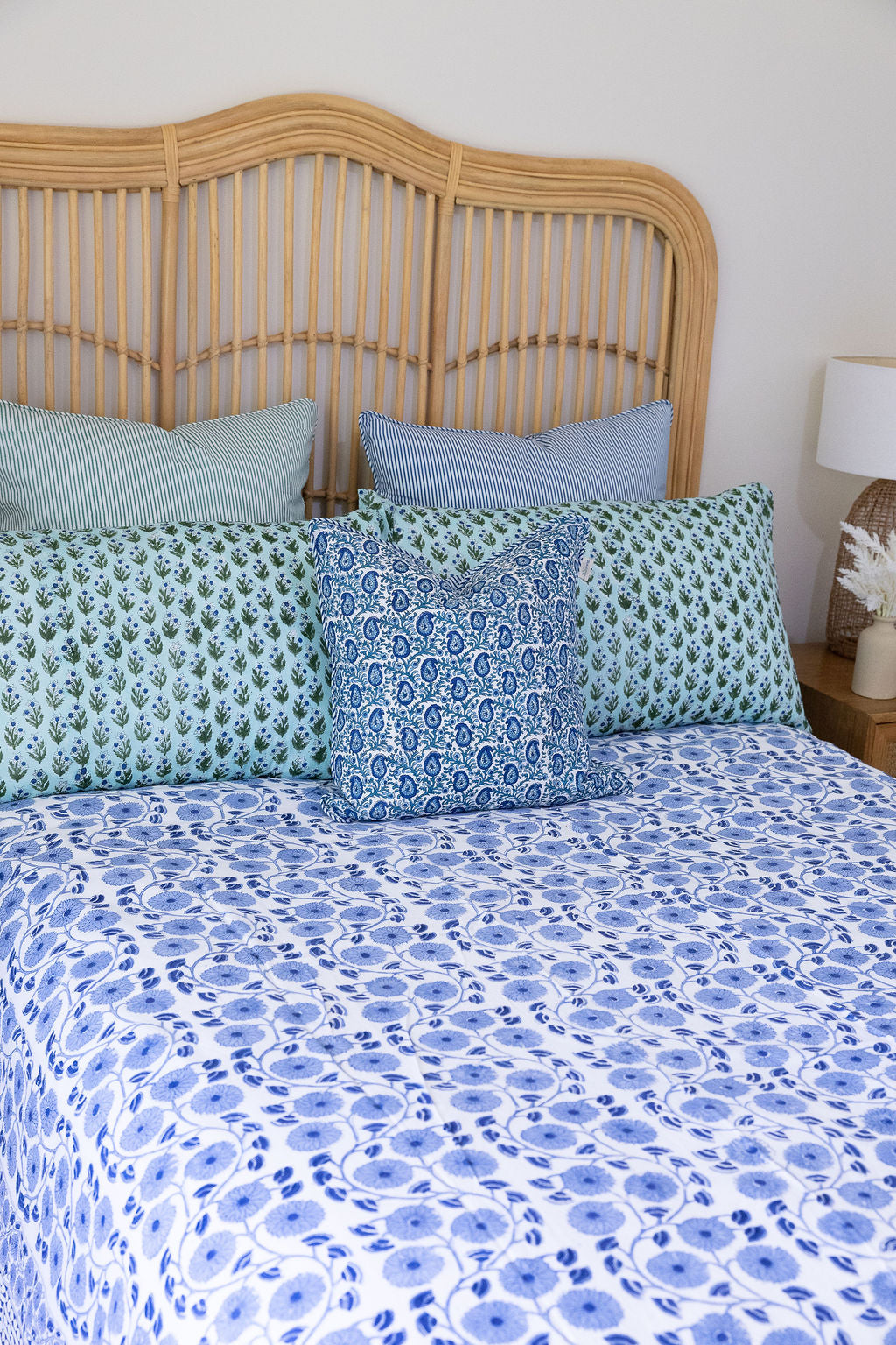 Home Living, Cotton Bed Cover, 100% cotton, hand block print. In blue floral - Sea Breeze