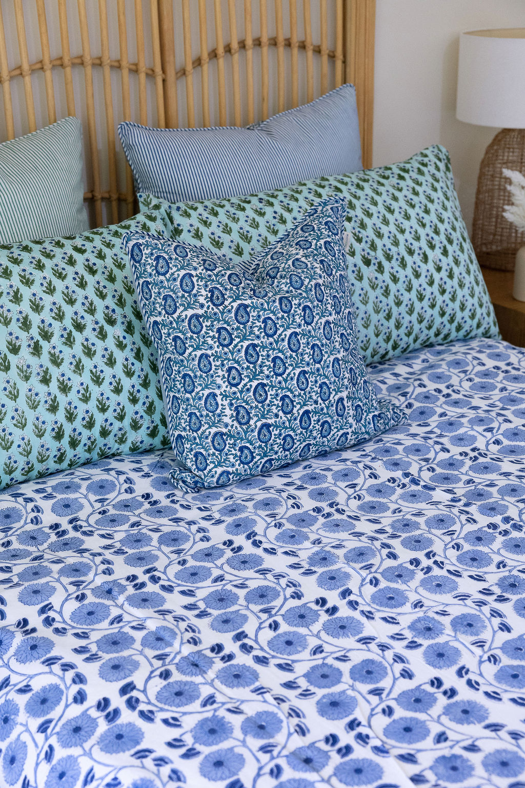 Home Living, Cotton Bed Cover, 100% cotton, hand block print. In blue floral - Sea Breeze