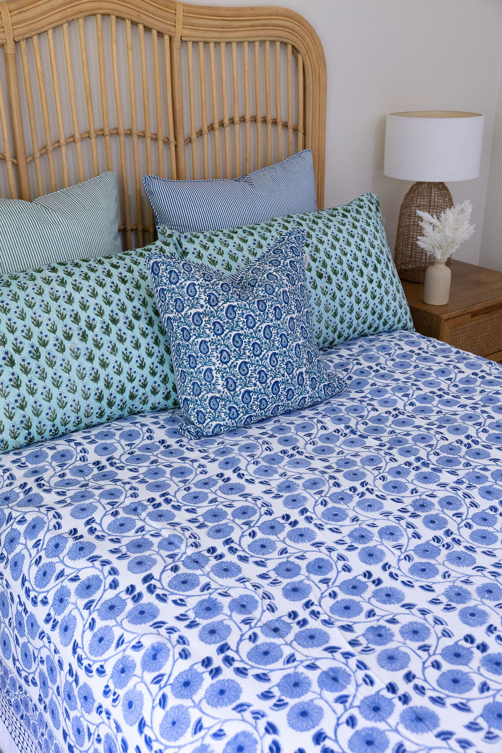 Home Living, Cotton Bed Cover, 100% cotton, hand block print. In blue floral - Sea Breeze