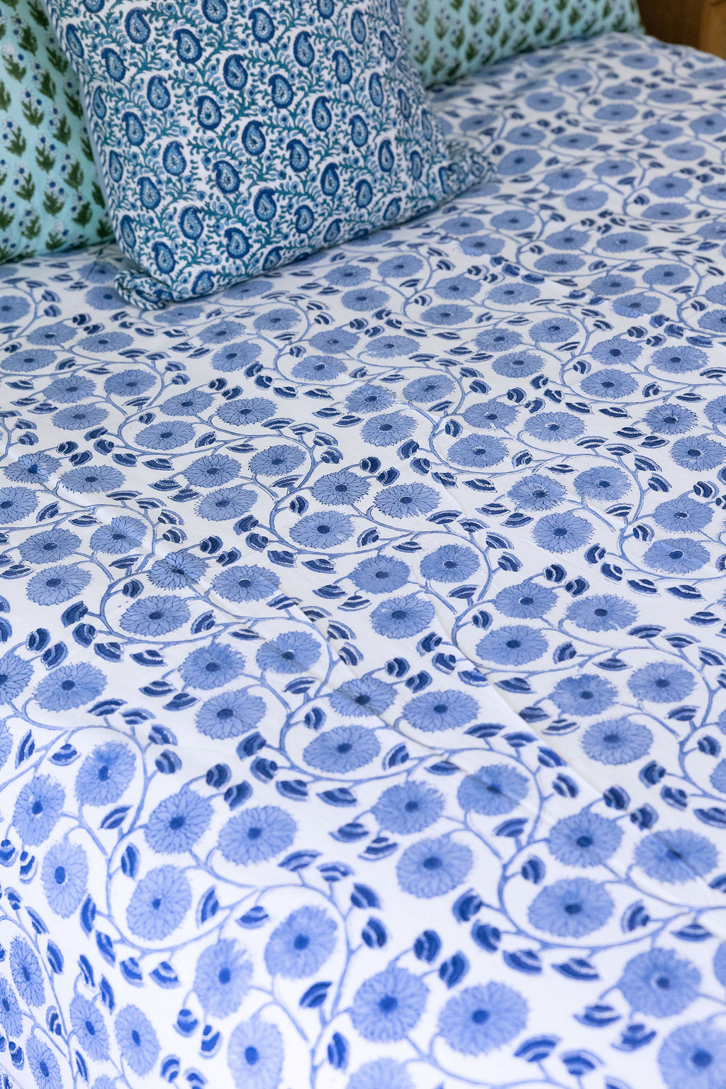 Home Living, Cotton Bed Cover, 100% cotton, hand block print. In blue floral - Sea Breeze