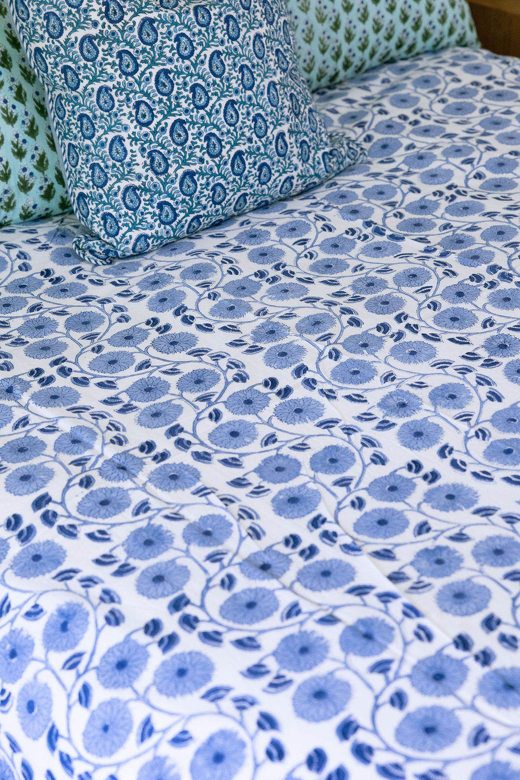 Home Living, Cotton Bed Cover, 100% cotton, hand block print. In blue floral - Sea Breeze