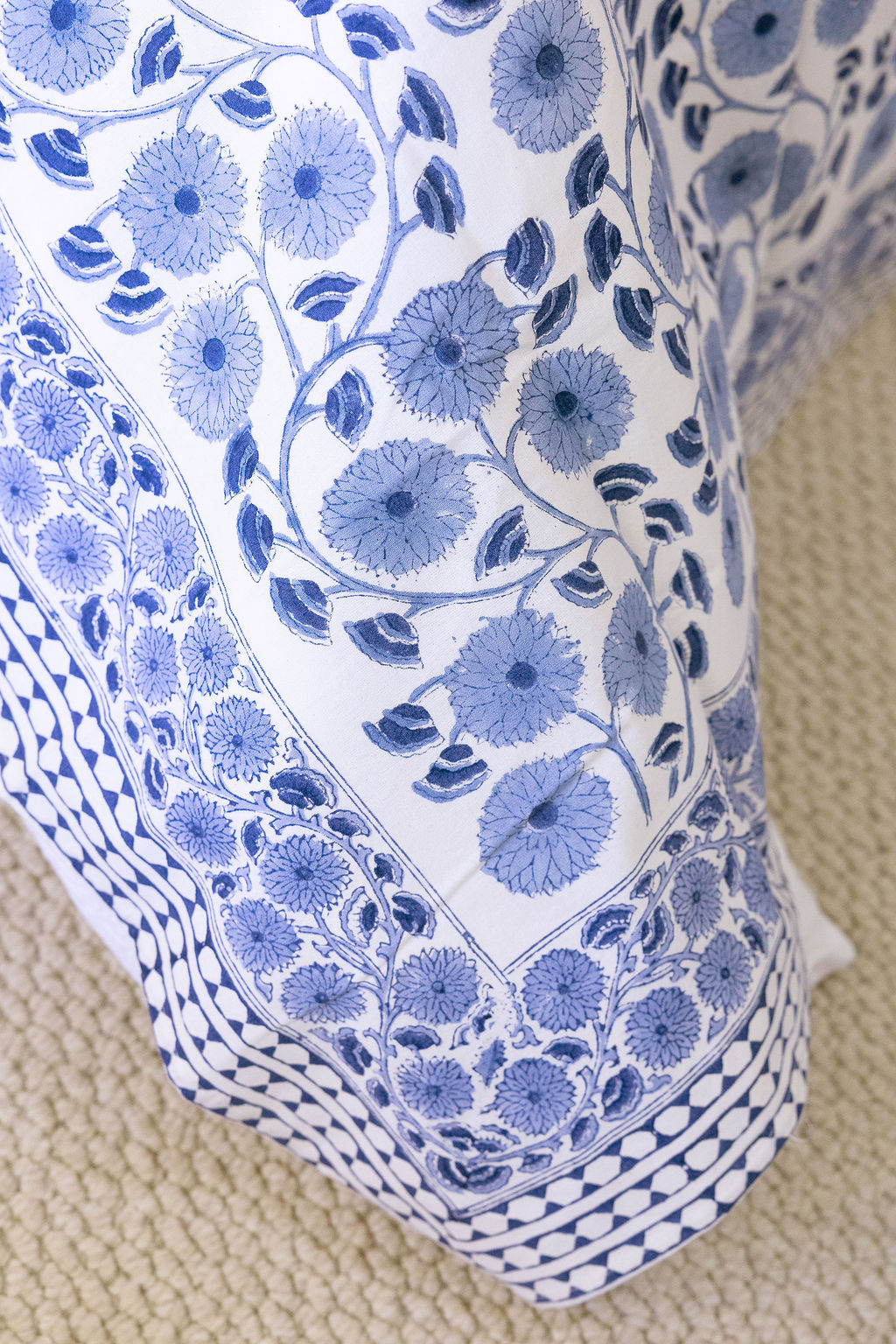Home Living, Cotton Bed Cover, 100% cotton, hand block print. In blue floral - Sea Breeze