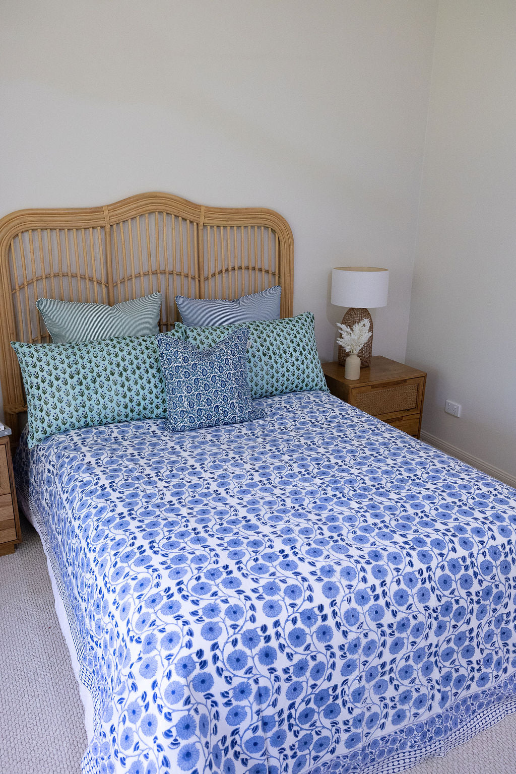 Home Living, Cotton Bed Cover, 100% cotton, hand block print. In blue floral - Sea Breeze