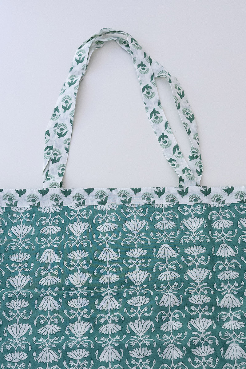 Reversible Bag, Two-Way Tote, 100% cotton, hand block print. In a Green Lotus print - Jade