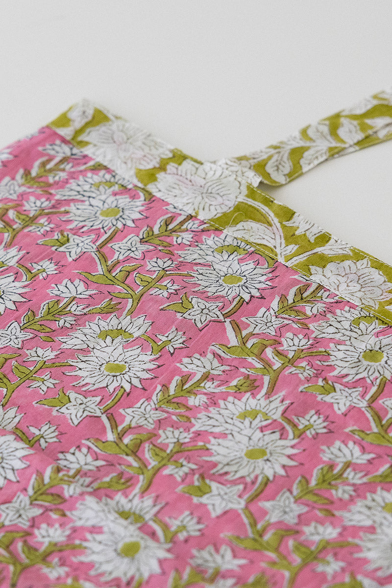 Reversible Bag, Two-Way Tote, 100% cotton, hand block print. In neon Pink & Green floral print - Wild Citron
