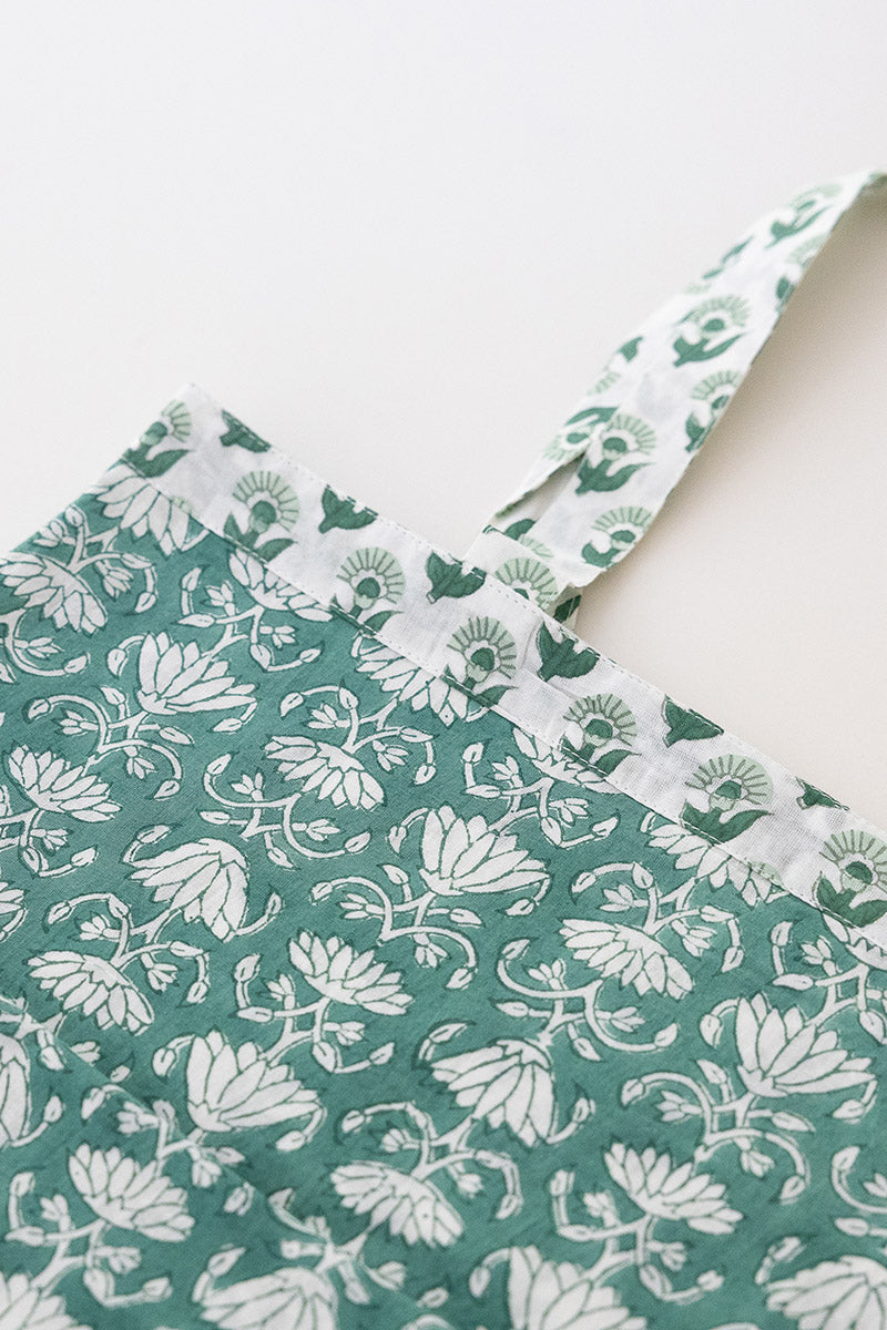 Reversible Bag, Two-Way Tote, 100% cotton, hand block print. In a Green Lotus print - Jade