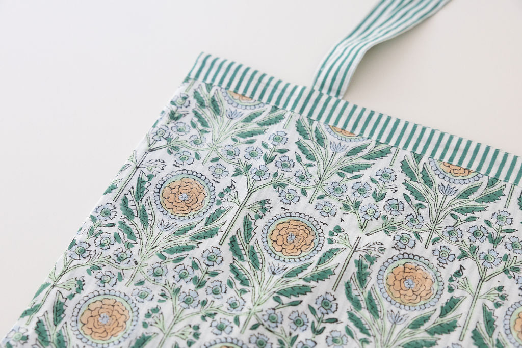 Reversible Bag, Two-Way Tote, 100% cotton, hand block print. In soft sun-drenched woodland tones - Amberwood