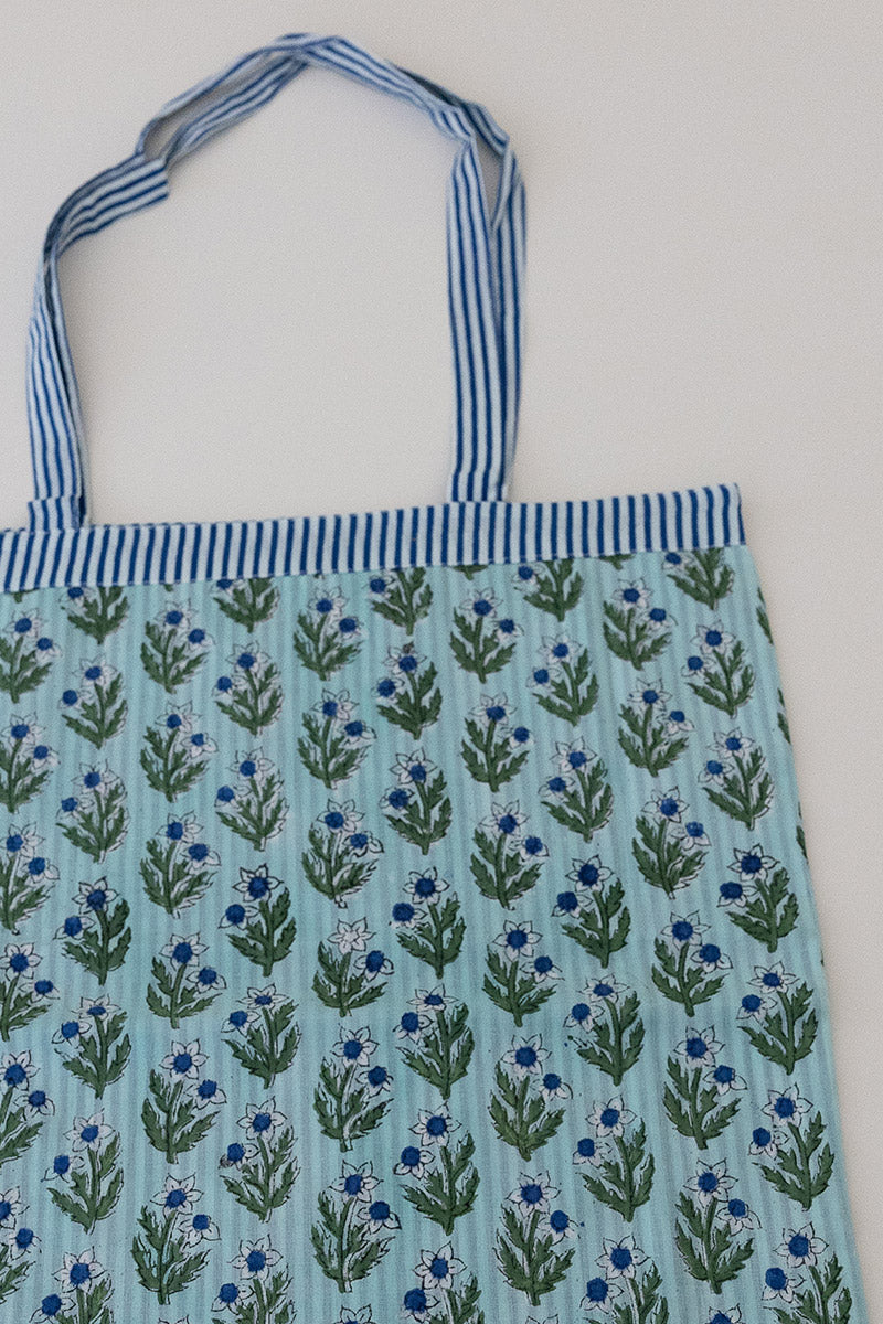 Reversible Bag, Two-Way Tote, 100% cotton, hand block print. In blue, green - Sea Meadow
