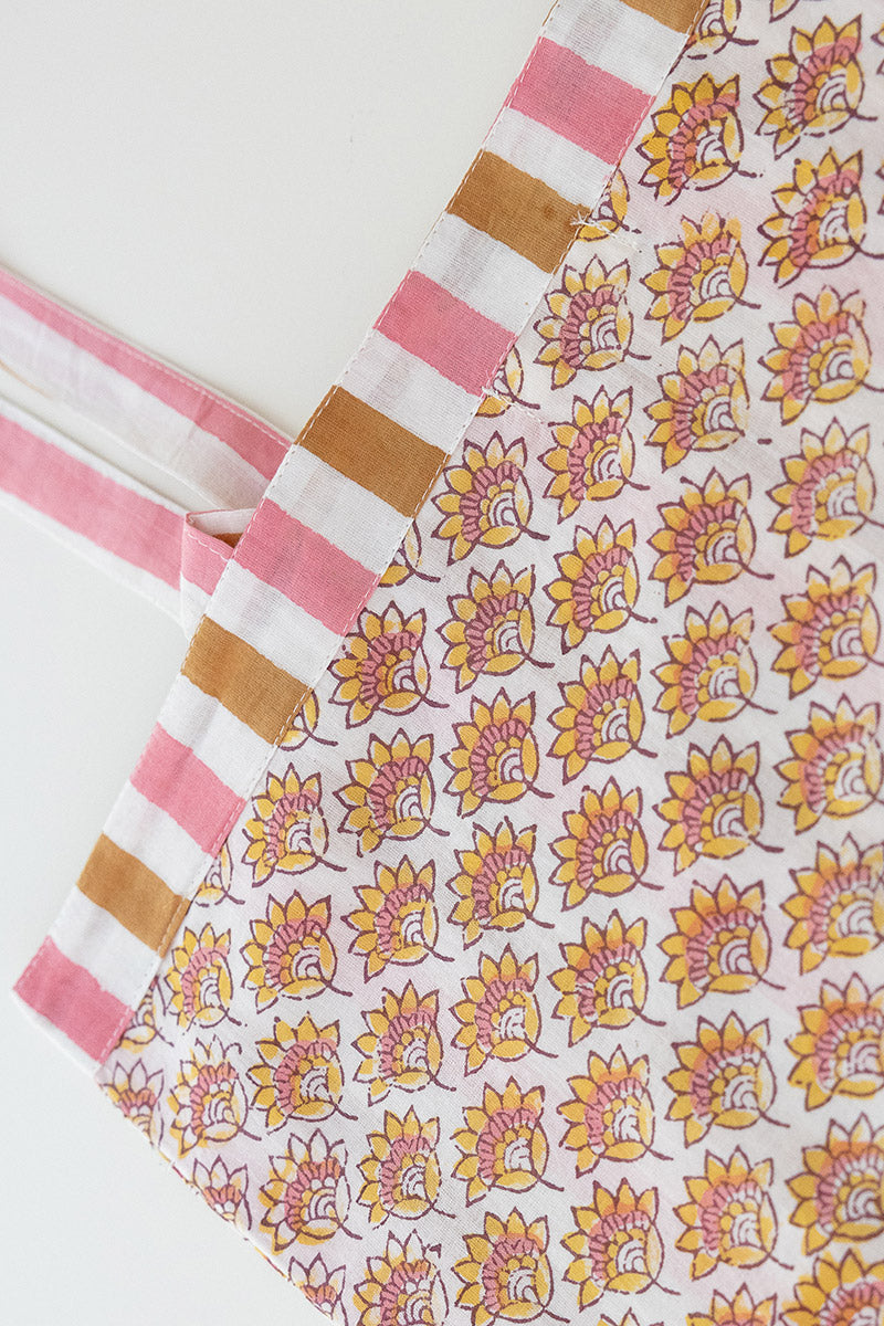 Reversible Bag, Two-Way Tote, 100% cotton, hand block print. In pink and orange - Saffron Rose.