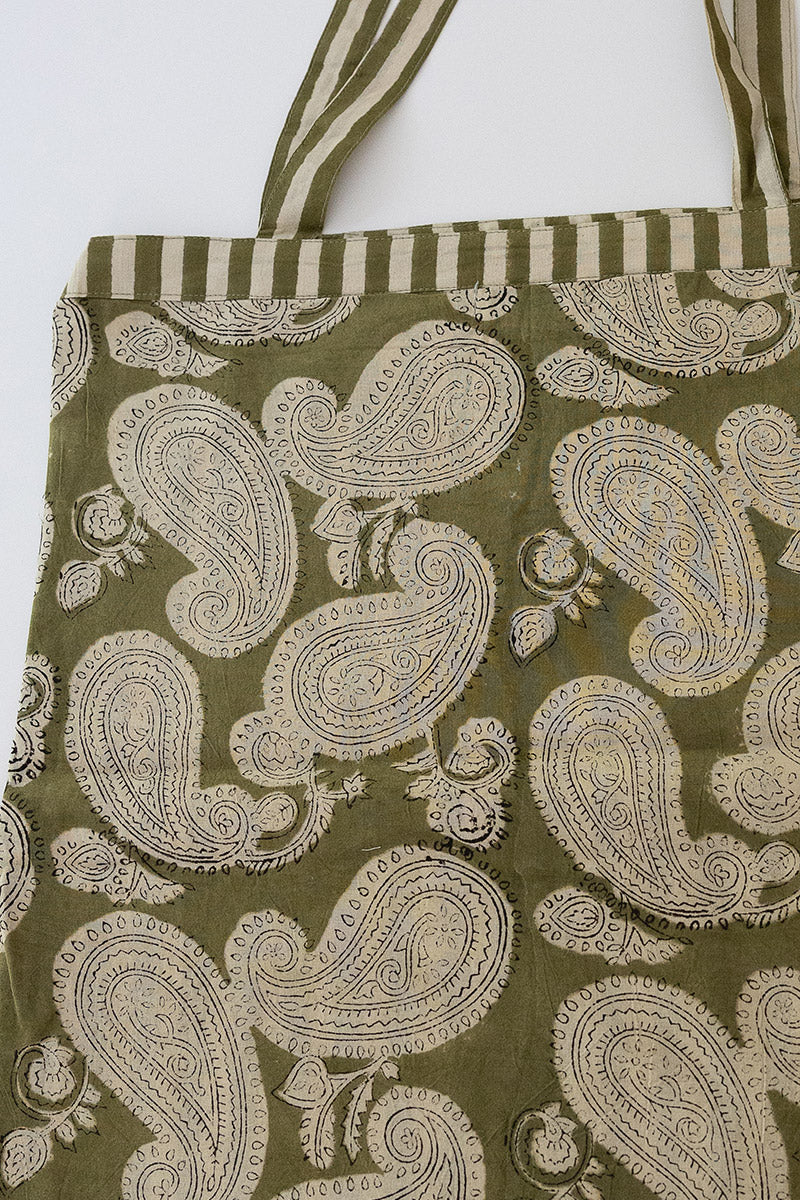Reversible Bag, Two-Way Tote, 100% cotton, hand block print. In earthy bush tones - Eucalypt.