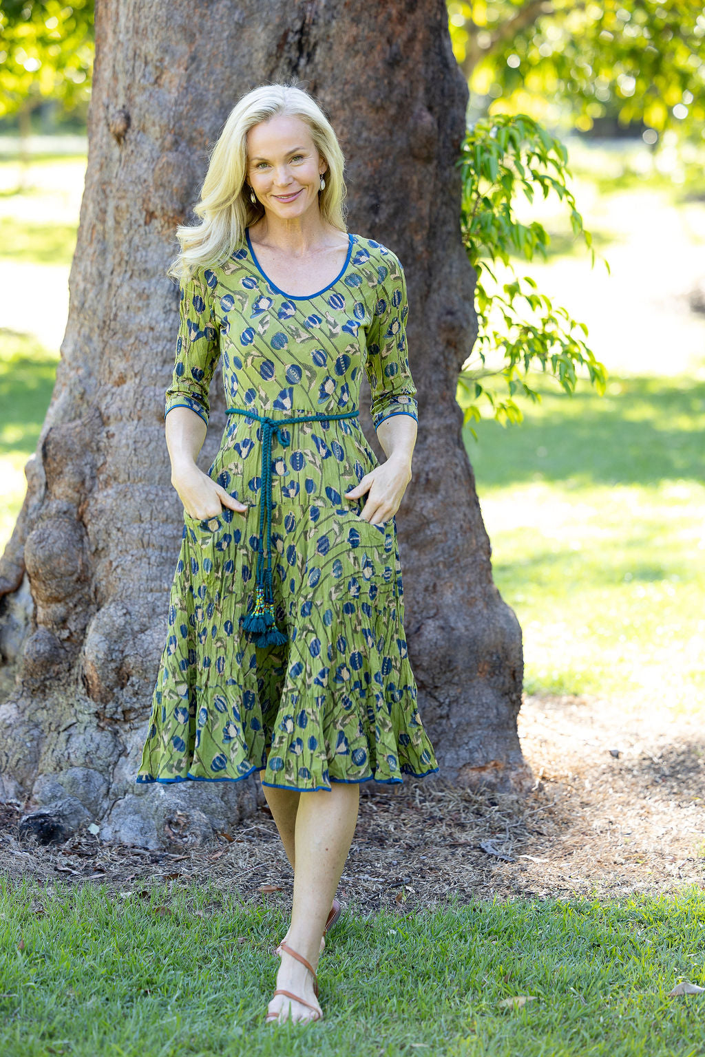 Womens, midi, Flamenco Dress with sleeves, 100% Cotton, hand block print. Sepia & Green, Verde Sol