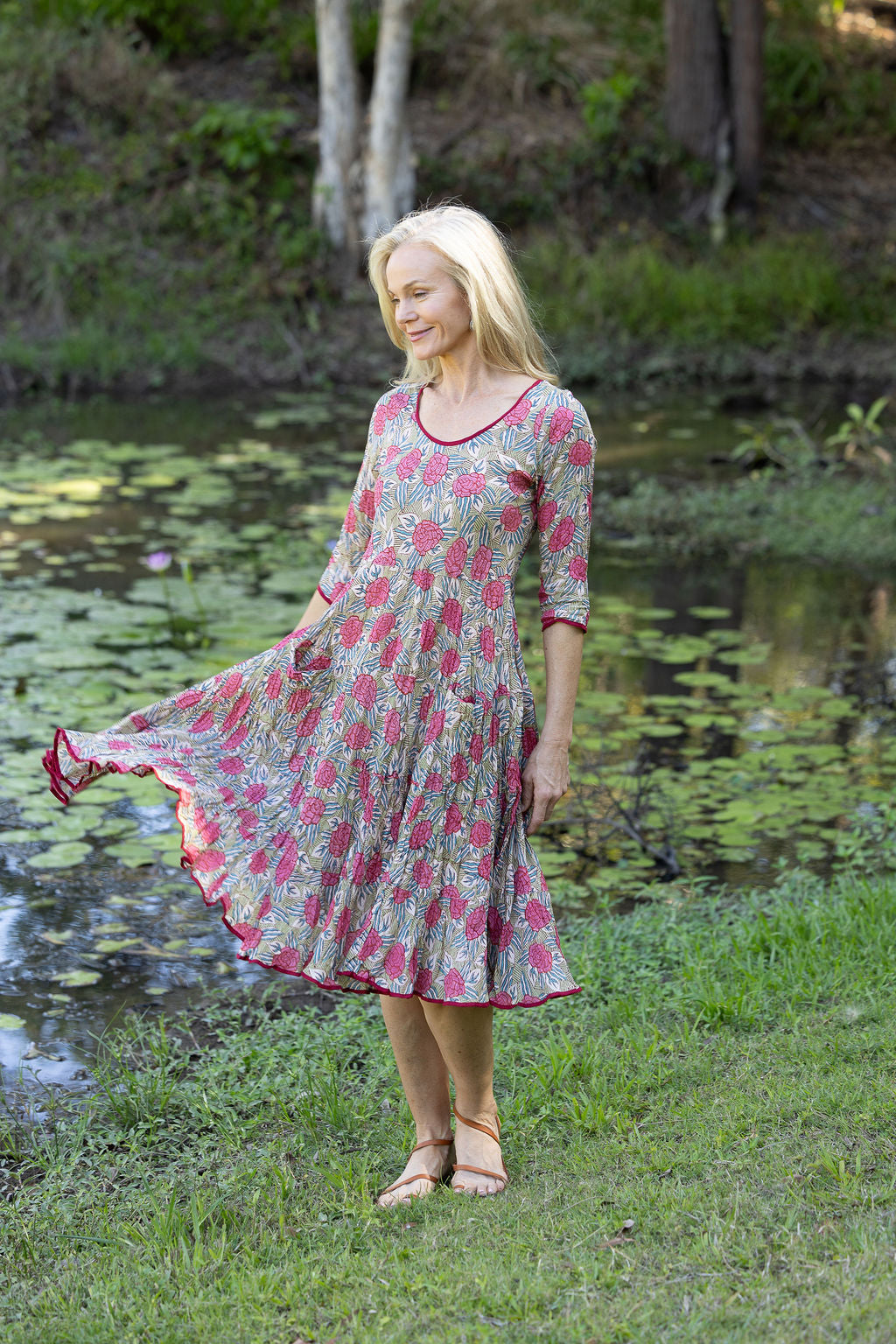 Womens, midi, Flamenco Dress with sleeves, 100% Cotton, hand block print. Pink floral, Zinnia.
