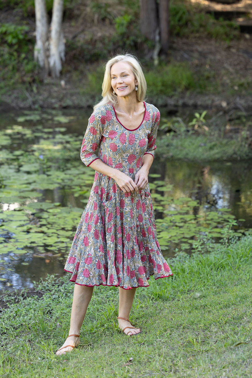 Womens, midi, Flamenco Dress with sleeves, 100% Cotton, hand block print. Pink floral, Zinnia.