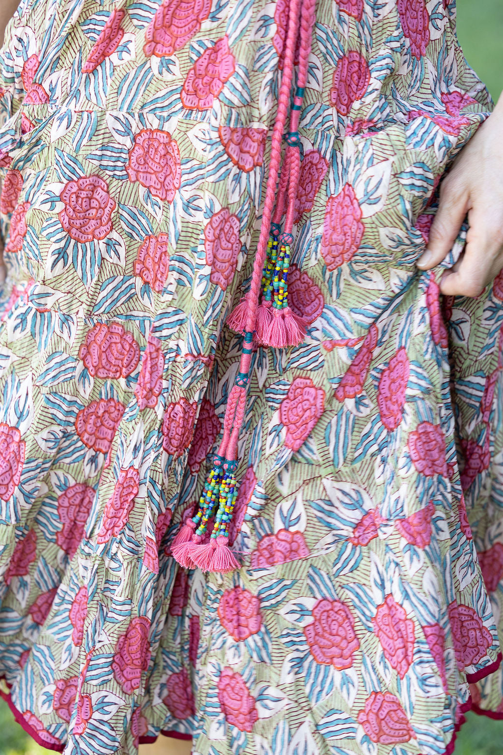 Womens, midi, Flamenco Dress with sleeves, 100% Cotton, hand block print. Pink floral, Zinnia.