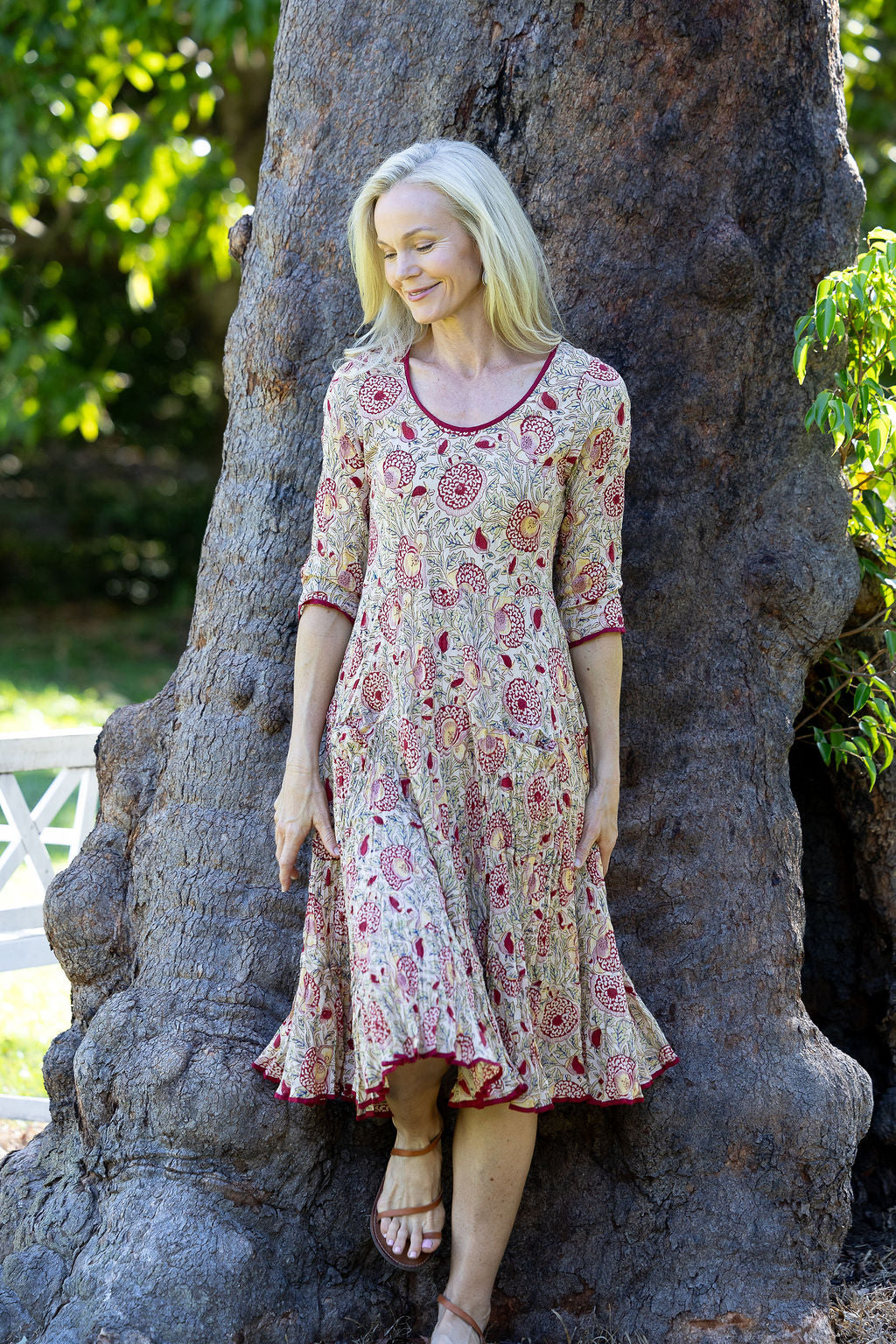 Womens, midi, Flamenco Dress with sleeves, 100% Cotton, hand block print. Sepia floral - Radha.