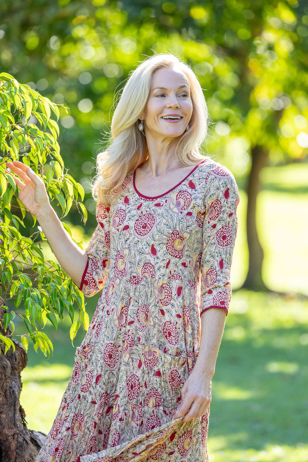 Womens, midi, Flamenco Dress with sleeves, 100% Cotton, hand block print. Sepia floral - Radha.
