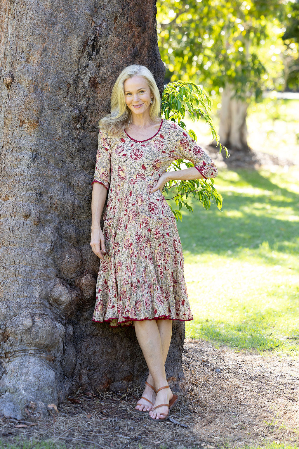 Womens, midi, Flamenco Dress with sleeves, 100% Cotton, hand block print. Sepia floral - Radha.