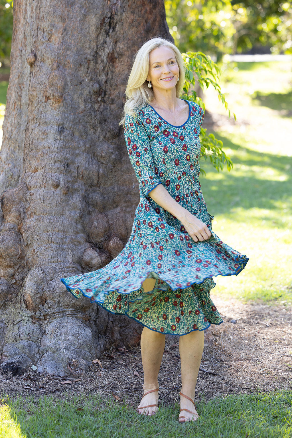 Womens, midi, Flamenco Dress with sleeves, 100% Cotton, hand block print. Blue with pops of red - Allegra