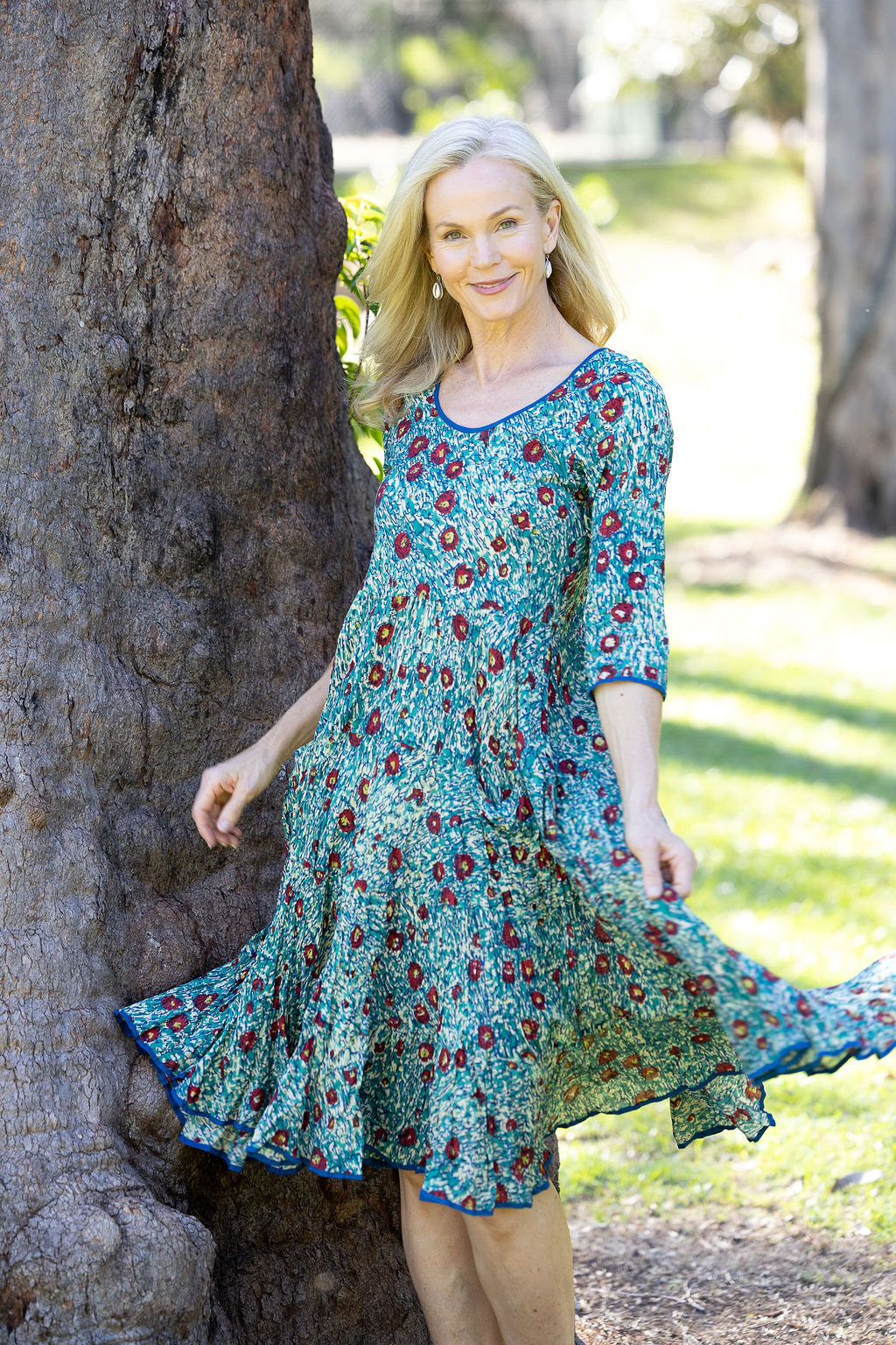 Womens, midi, Flamenco Dress with sleeves, 100% Cotton, hand block print. Blue with pops of red - Allegra