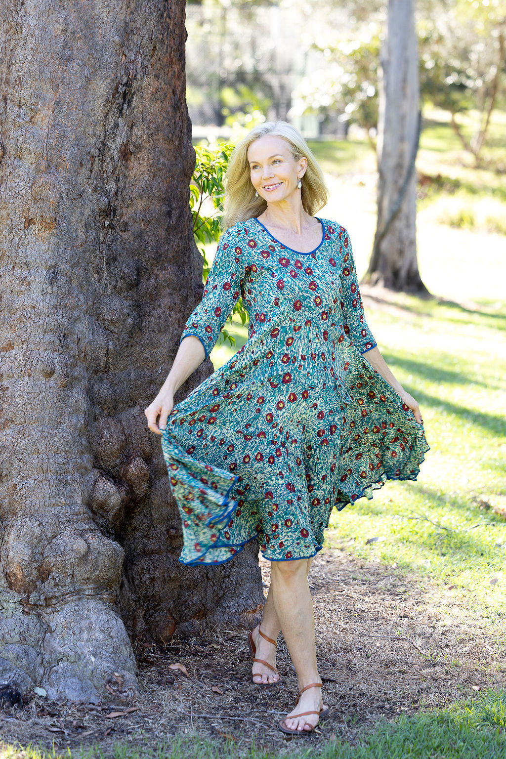 Womens, midi, Flamenco Dress with sleeves, 100% Cotton, hand block print. Blue with pops of red - Allegra