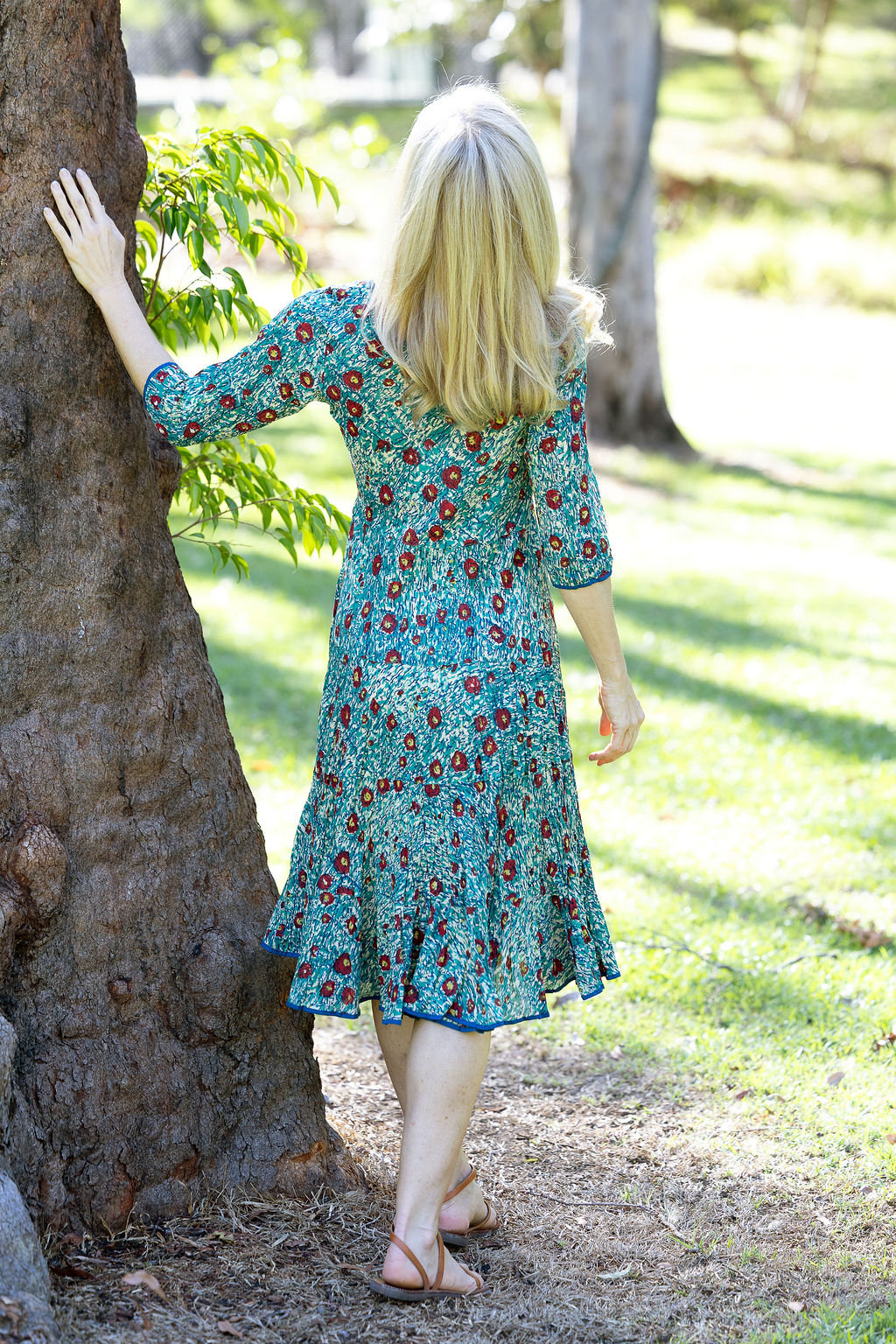 Womens, midi, Flamenco Dress with sleeves, 100% Cotton, hand block print. Blue with pops of red - Allegra