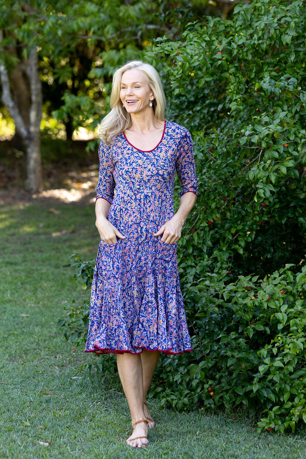 Womens, midi, Flamenco Dress with sleeves, 100% Cotton, hand block print. Fine florals on Royal Blue - Demi
