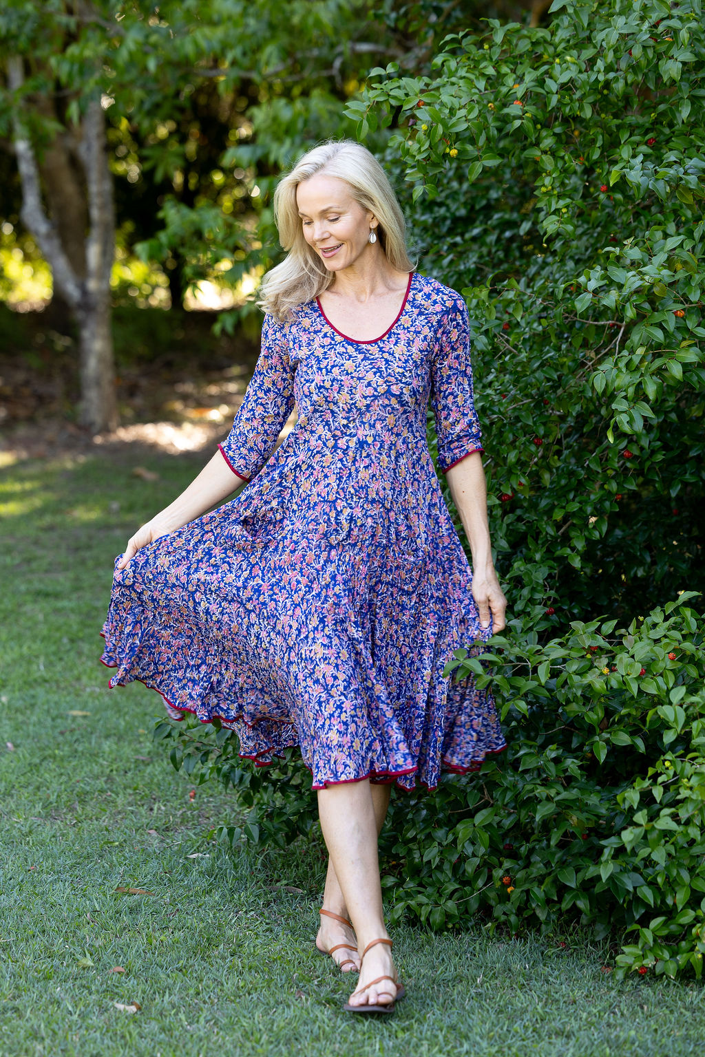 Womens, midi, Flamenco Dress with sleeves, 100% Cotton, hand block print. Fine florals on Royal Blue - Demi