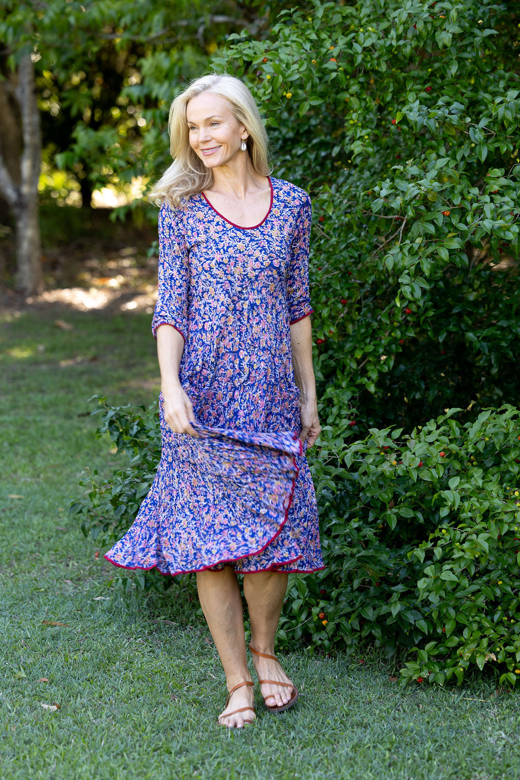 Womens, midi, Flamenco Dress with sleeves, 100% Cotton, hand block print. Fine florals on Royal Blue - Demi