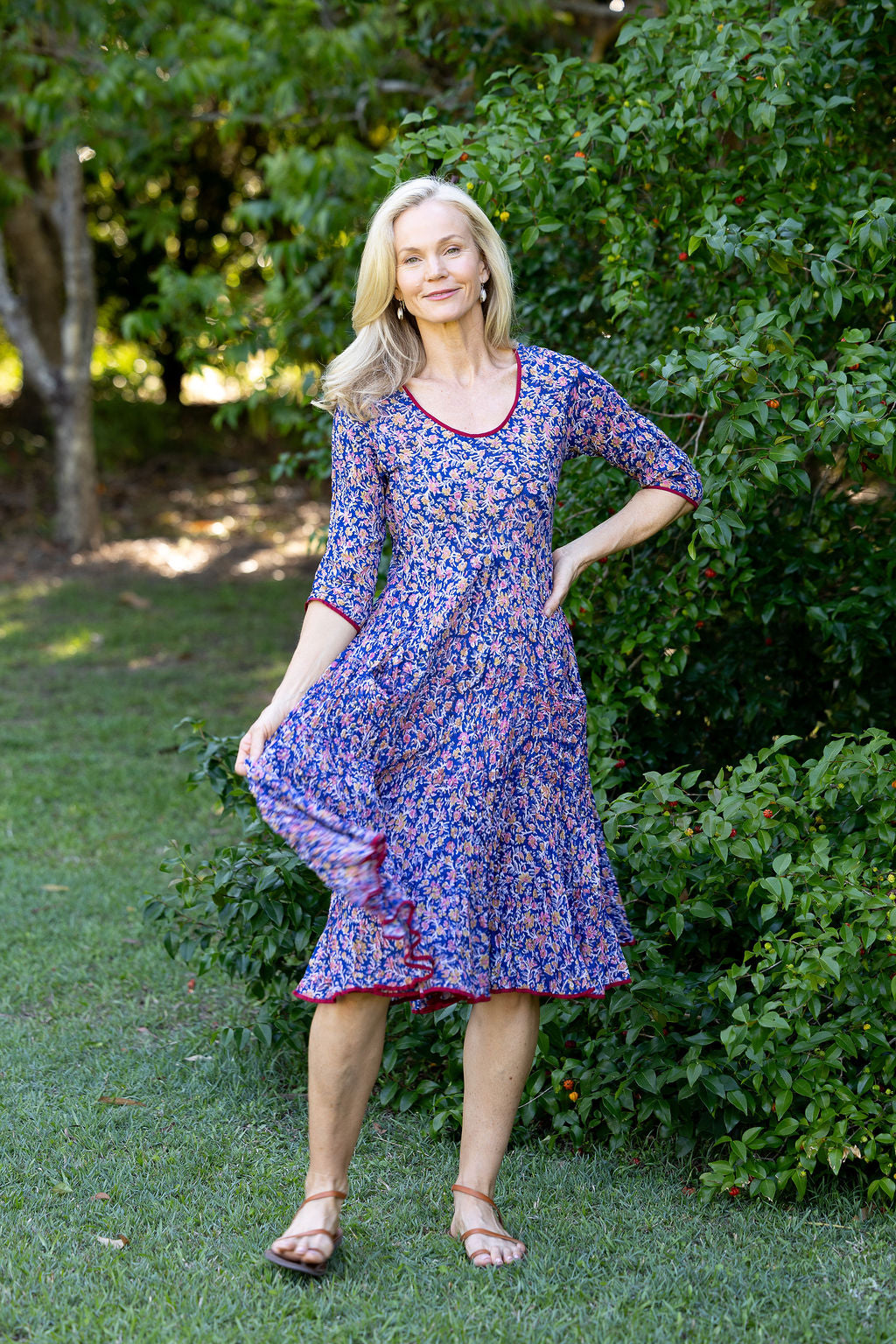 Womens, midi, Flamenco Dress with sleeves, 100% Cotton, hand block print. Fine florals on Royal Blue - Demi