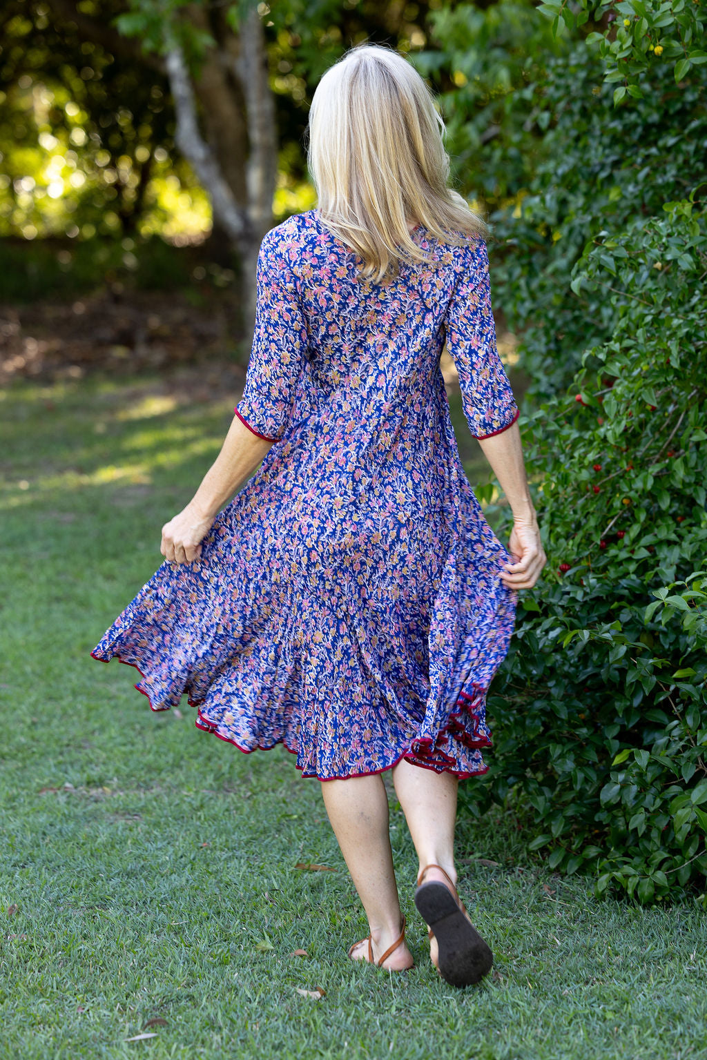 Womens, midi, Flamenco Dress with sleeves, 100% Cotton, hand block print. Fine florals on Royal Blue - Demi