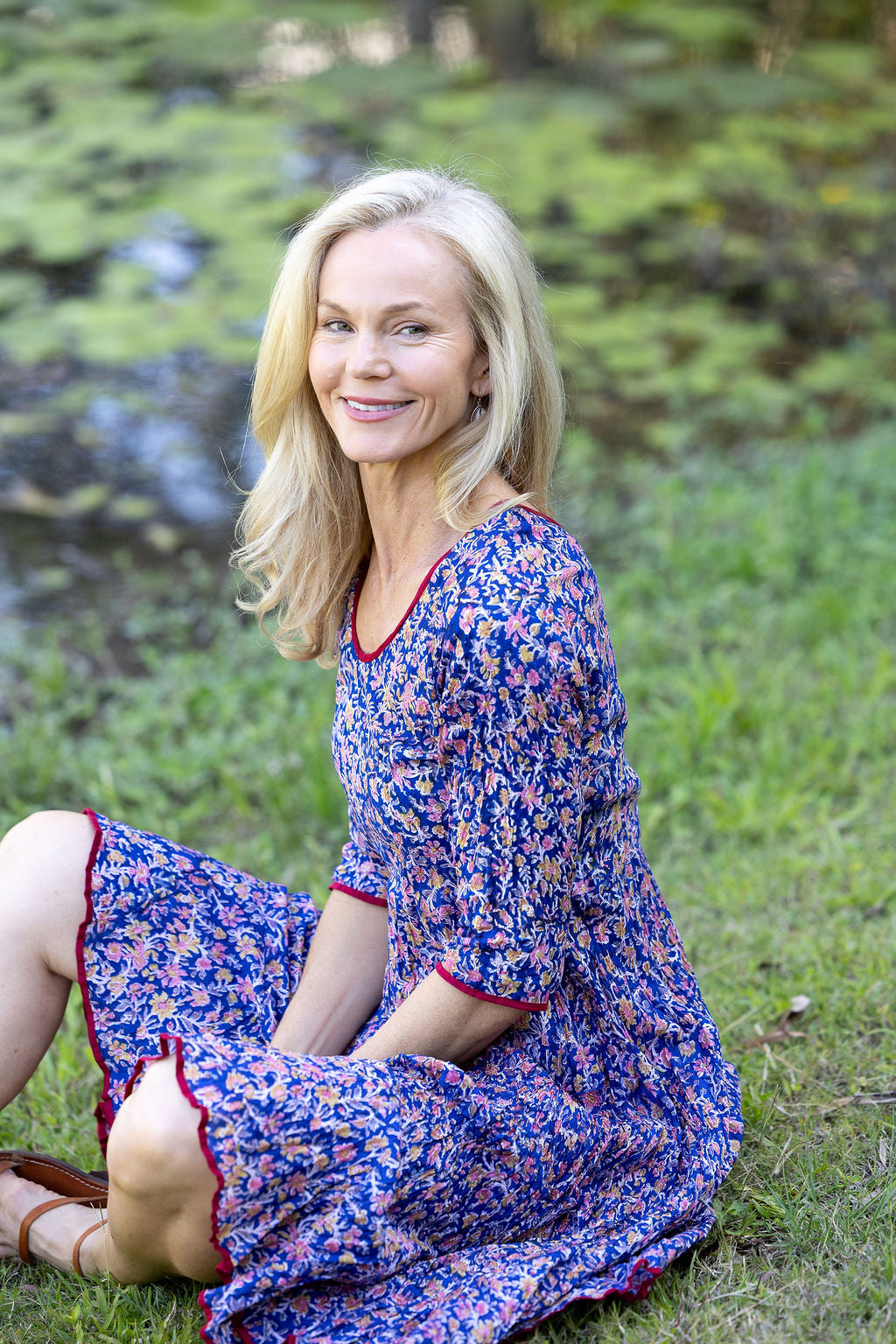 Womens, midi, Flamenco Dress with sleeves, 100% Cotton, hand block print. Fine florals on Royal Blue - Demi