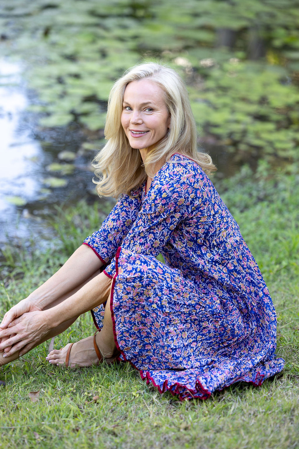 Womens, midi, Flamenco Dress with sleeves, 100% Cotton, hand block print. Fine florals on Royal Blue - Demi